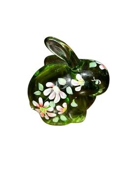 Fenton Green Glass Art Bunny Rabbit Hand Painted Floral Figurine Artist Signed